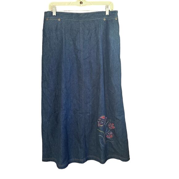 Vintage Napa Valley Midi Denim Skirt Modest Floral Embroidery‎ Hem Slit Size 14 - Picture 1 of 6